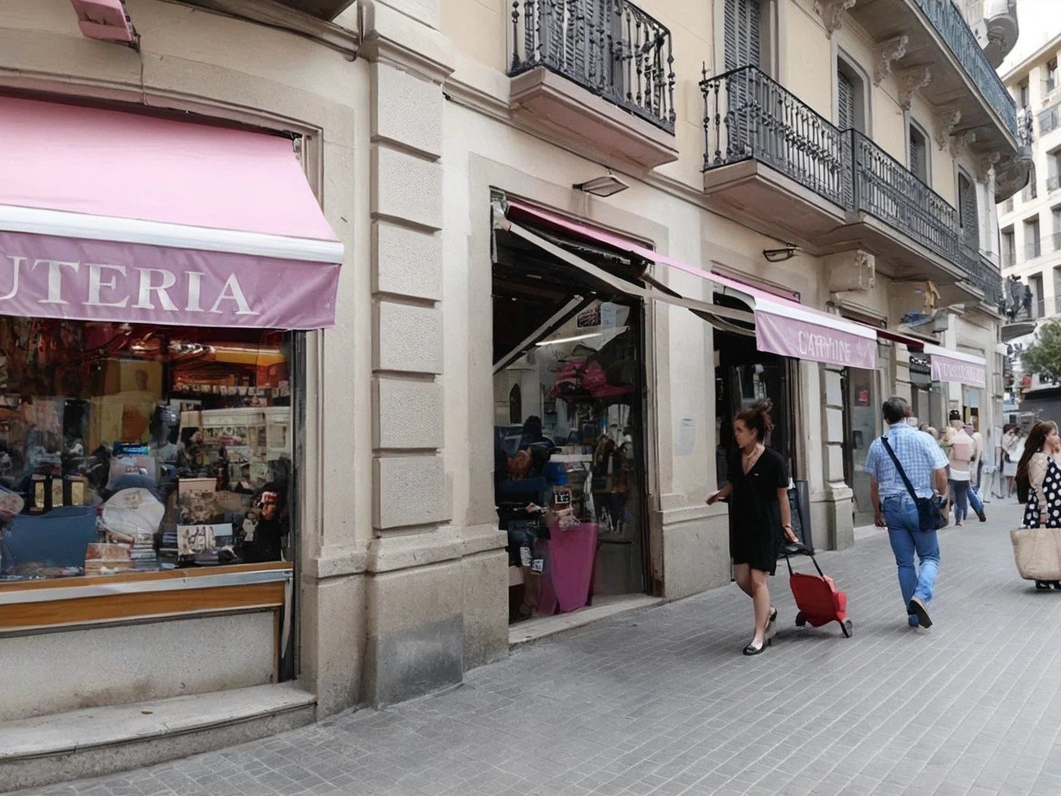 people walking on a sidewalk in front of a store with a pink awning, old stores, lots of stores, seen from outside, stories, in barcelona, quirky stores, store front, Palermo city street, stores, Photo for a store, escape, by Glòria Muñoz, escapes, by Pedro Álvarez Castelló