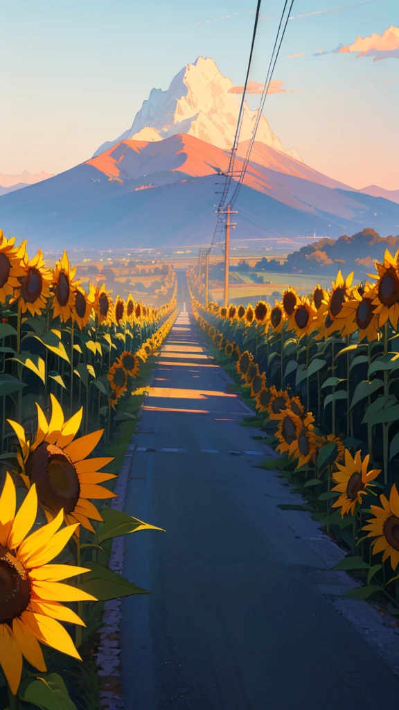 Please draw a scene at dusk.。Road to distant mountain々They extend parallel to the left and right、The sky is painted in shades of blue and orange from the sunset。Sunflowers in full bloom on both sides of the road、The vibrant yellow colours add colour to the landscape.。Electric wires line the road、Adding elements that make you feel the presence of people。Please express a tranquil and beautiful natural landscape as a whole.。