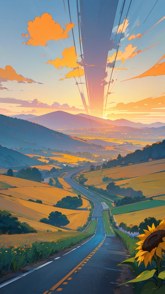 Please draw a scene at dusk.。Road to distant mountain々They extend parallel to the left and right、The sky is painted in shades of blue and orange from the sunset。Sunflowers in full bloom on both sides of the road、The vibrant yellow colours add colour to the landscape.。Electric wires line the road、Adding elements that make you feel the presence of people。Please express a tranquil and beautiful natural landscape as a whole.。