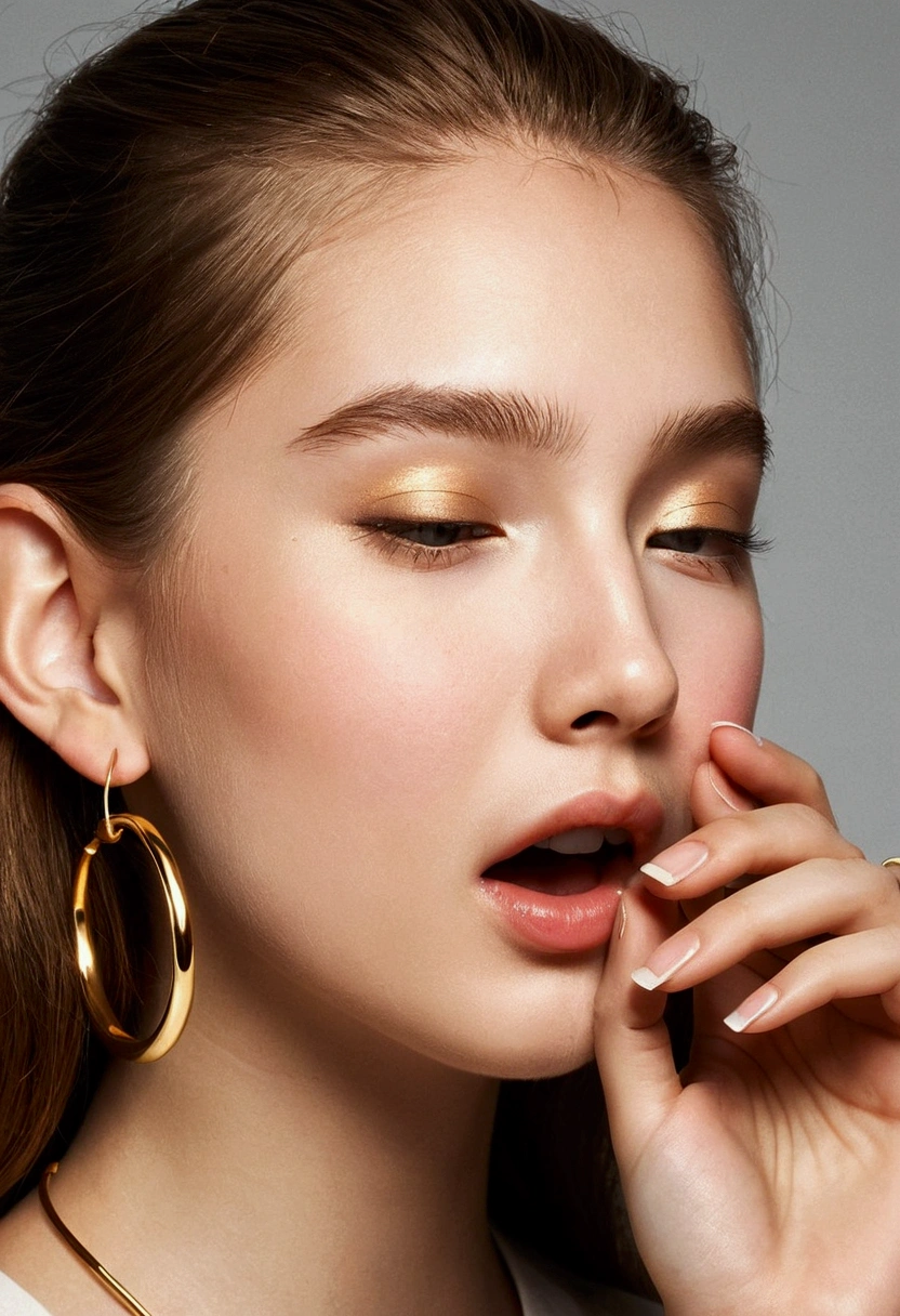 Girl, simple gold hoop earrings, touches his nose, yawns