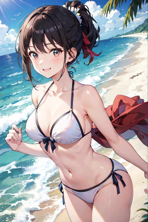 Adult women、Smiling、ponytail、Black Hair、White bikini、Ocean