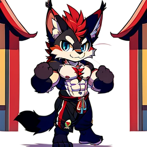 Best quality, Young, Chibi, 15 year old, Furry, Solo, Male black lynx cat: 1.5, (black fur), (black fur), black fur, blue eyes, red chest hair, black long hair, black mane, red hair, red armpit hair, red whiskers, Humanoid hands, Muscular body, Strong Abs, Strong Chest, Strong Biceps, Wearing Red Muay Thai Style Clothes, Topless, Chibi, Standing in the street of Thailand, Red Mohawk hair, Detailed black fur, Detailed cloths, Thailand.