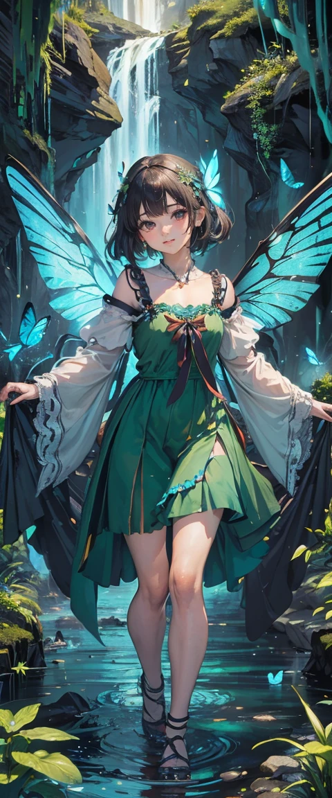 ((masterpiece, highest quality, Highest image quality, High resolution, photorealistic, Raw photo, 8K)), ((Extremely detailed CG unified 8k wallpaper)), character desing, fullbody, anime, short clothes, powerfull girl, chica magica, magic girl, A lone blue butterfly fluttering in the starry sky, Huge butterfly wings, (green glowing wings), green wings shining in the dark night, summer dress fluttering,