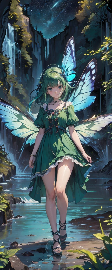 ((masterpiece, highest quality, Highest image quality, High resolution, photorealistic, Raw photo, 8K)), ((Extremely detailed CG unified 8k wallpaper)), character desing, fullbody, anime, short clothes, powerfull girl, chica magica, magic girl, A lone blue butterfly fluttering in the starry sky, Huge butterfly wings, (green glowing wings), green wings shining in the dark night, summer dress fluttering,