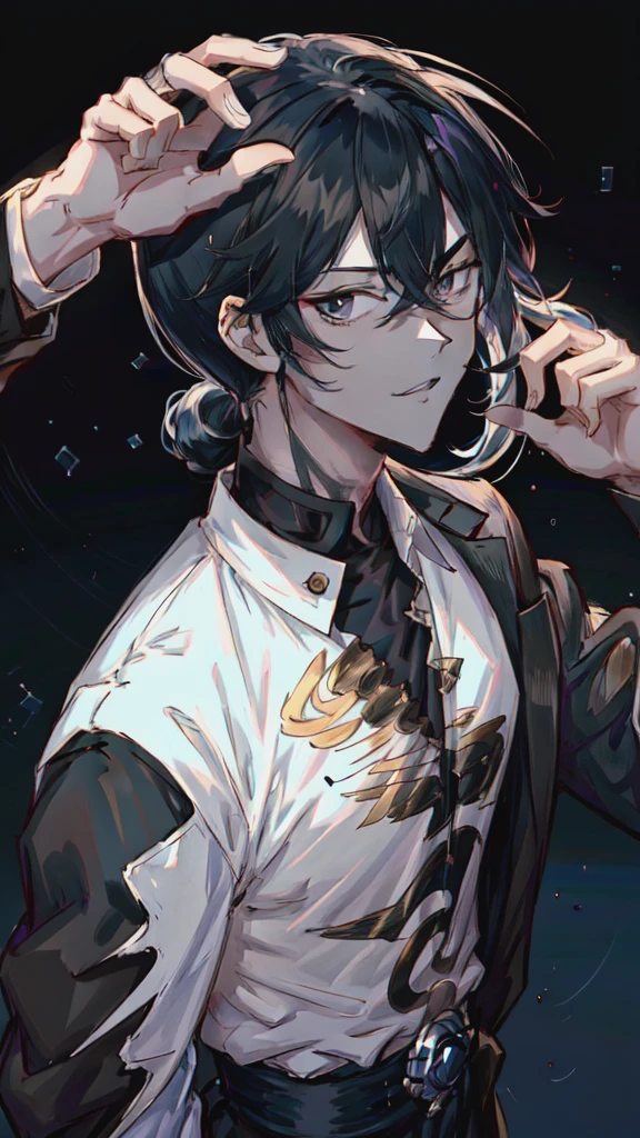 A man wearing a black jacket and white shirt is raising his hand, Anime Shōnen, Male Anime Style, Inspired by Kun Kang, ken kaneki, kaneki ken, Gap Moe Yandere, With index finger, Anime Moe Art Style, inspired by Okumura Togyu, Handsome anime pose, [[[[smile wickedly]]]]