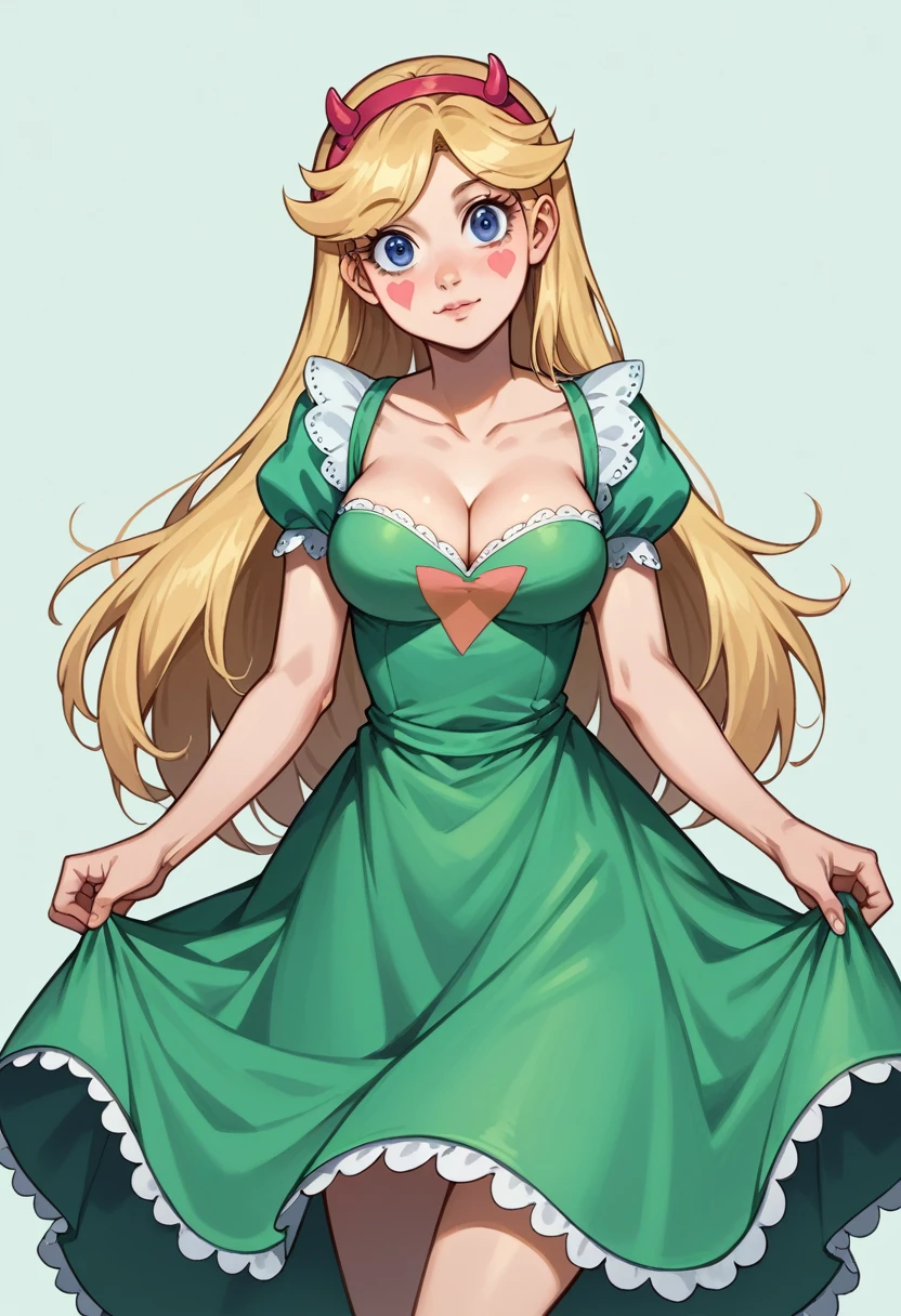 Star Butterfly, 1 girl, long blonde hair, tiara, blue colored eyes, green dress, Tilt your head, cowboy shot, breasts small, (cleavage showing), coxas nuas, nice legs, 正面, 1 girl, standing alone, gazing at viewer, all-body, pose, best quality, no flaws