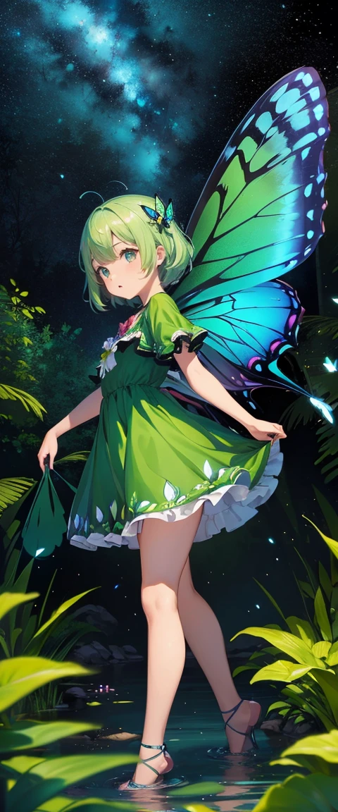 ((masterpiece, highest quality, Highest image quality, High resolution, photorealistic, Raw photo, 8K)), ((Extremely detailed CG unified 8k wallpaper)), character desing, fullbody, anime, short clothes, powerfull girl, chica magica, magic girl, A lone blue butterfly fluttering in the starry sky, Huge butterfly wings, (green glowing wings), green wings shining in the dark night, summer dress fluttering,