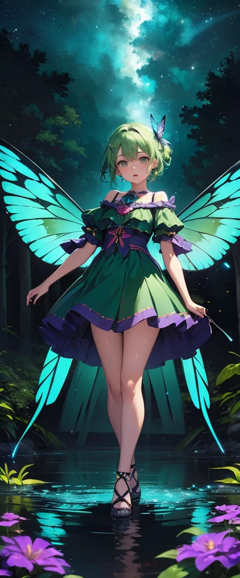 ((masterpiece, highest quality, Highest image quality, High resolution, photorealistic, Raw photo, 8K)), ((Extremely detailed CG unified 8k wallpaper)), character desing, fullbody, anime, short clothes, powerfull girl, chica magica, magic girl, A lone blue butterfly fluttering in the starry sky, Huge butterfly wings, (green glowing wings), green wings shining in the dark night, summer dress fluttering,