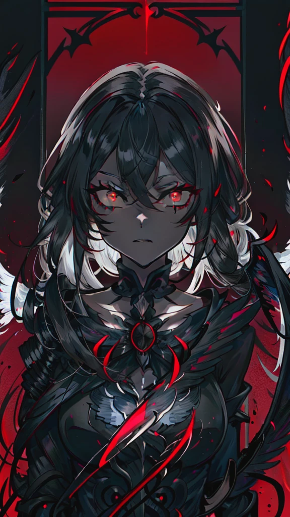 anime, Black and White, Red eyes, Black wings, Black Dress, Black wings, Black wings, Black wings, Black wings, Black wings, Black wings, gothic maiden anime girl, with glowing Red eyes, luminous Red eyes, With eyes that glow red, She has white eyes!!!, black anime pupils in her eyes, demon anime girl, glowing Red eyes