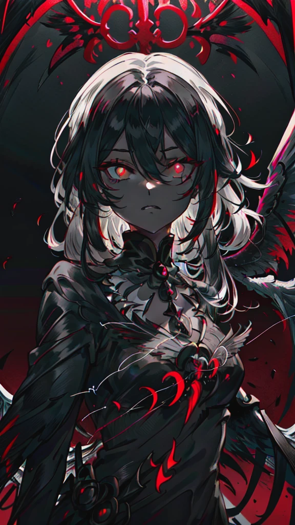 anime, Black and White, Red eyes, Black wings, Black Dress, Black wings, Black wings, Black wings, Black wings, Black wings, Black wings, gothic maiden anime girl, with glowing Red eyes, luminous Red eyes, With eyes that glow red, She has white eyes!!!, black anime pupils in her eyes, demon anime girl, glowing Red eyes
