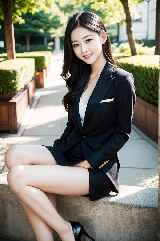 (Only one person), Pure Japanese young girl, outstanding body, beautiful legs, wearing formal suits, high heels, vivid makeup and lips, thick eyebrows, formal black hair styles, sweet smile, secret temptation, professional portrait photography, sitting, soft sunlight,