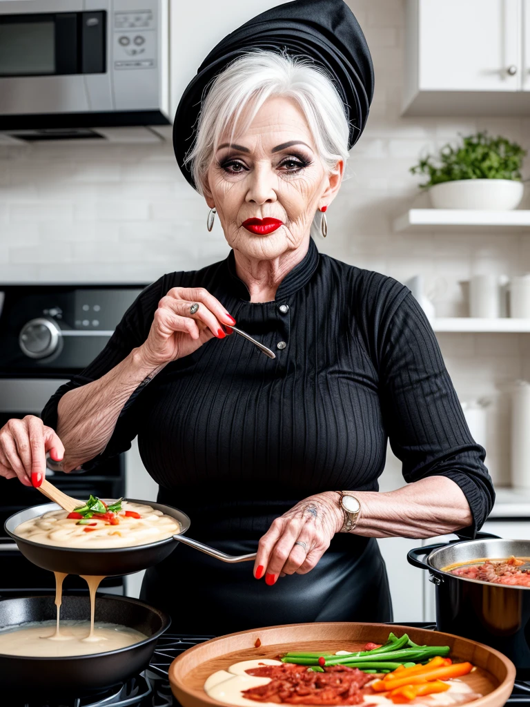 Mature woman aged 70 who looks like Frozen black big lips style cooking