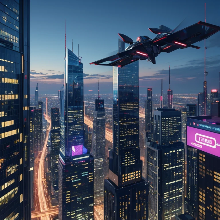 8k,Skyscrapers of the distant future、A flying car flies through the gaps between buildings、evening、The sky is seven colors、