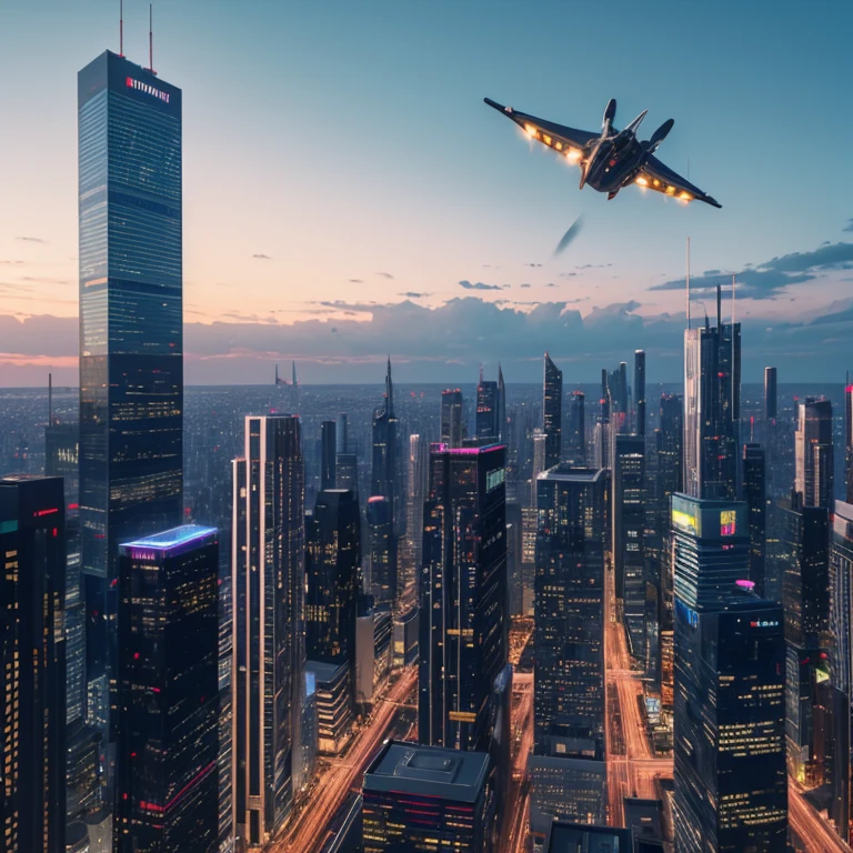 8k,Skyscrapers of the distant future、A flying car flies through the gaps between buildings、evening、The sky is seven colors、