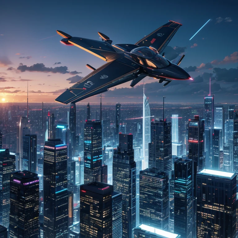 8k,Skyscrapers of the distant future、A flying car flies through the gaps between buildings、evening、The sky is seven colors、