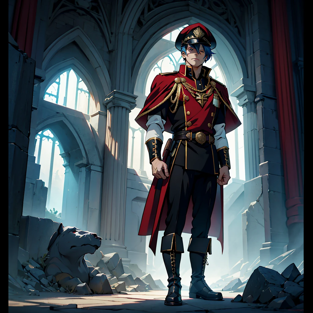 captain, black uniform, gold rank insignia, red cloak, black captain's hat, black boots, anime, Art Deco, Gothic art, anime style, anatomically correct, masterpiece, high details, high quality, beautifully detailed eyes, captivating gaze, vivid colors, skillfully executed lighting, studio lighting techniques bringing out the man's features and the overall mood of the scene,sky blue hair,whole body,full body,standing,