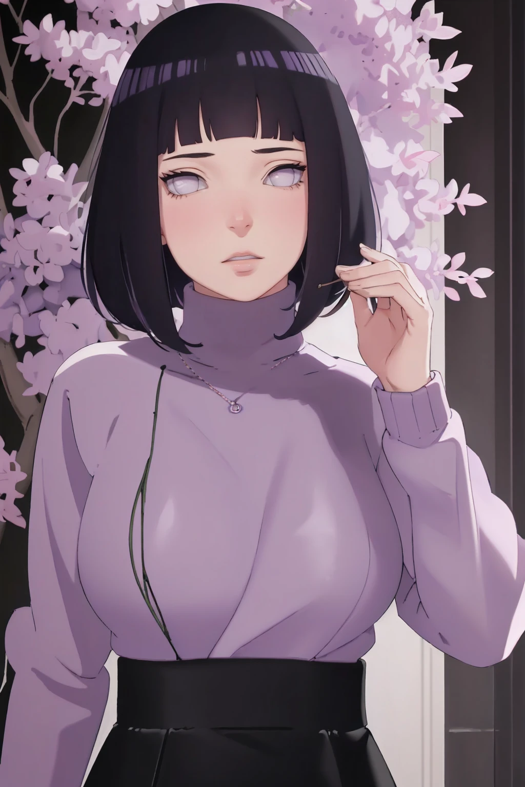 { - anatomy error} (Masterpiece - Ultra-detailed, very high resolution) (huge titusty, masterpiece, absurdres, hinata\(boruto\), 1girl, solo,mature female, lilac turtleneck blouse, black pant , looking at viewelling , perfect composition, detailed lips, big breast, beautiful face, body propotion, blush, (pink lips), short hair, (black hair), purple eyes, soft gaze, super realistic, detailed, photoshoot, realistic face and body, closed mouth , lilac eyes, full body, upper body , backwards, looking back, inocent face