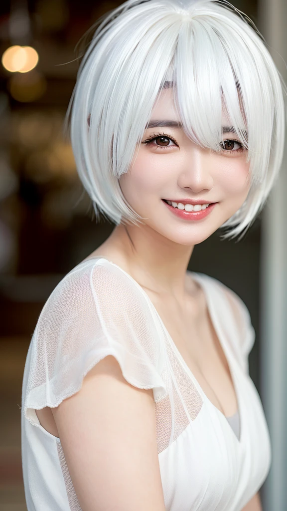 Japanese girl, (smile:1.0), (white hair:1.7), (curly hair), gray eyes, brown sheer dress,