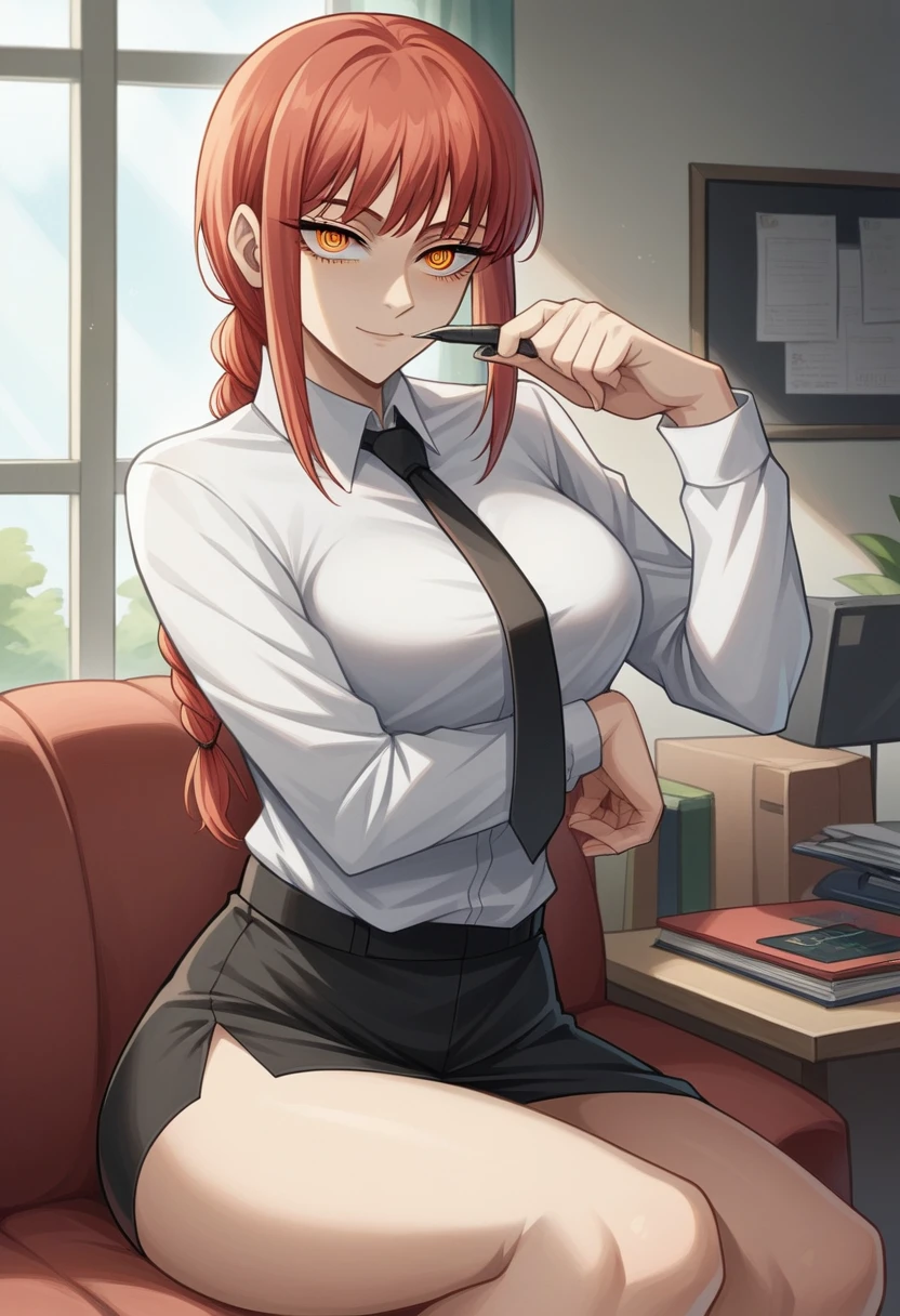 score_9, score_8_up, score_7_up, score_6_up, score_5_up, score_4_up, source_anime, 1girl, aru \(blue archive\) smile, smug, sitting, office 