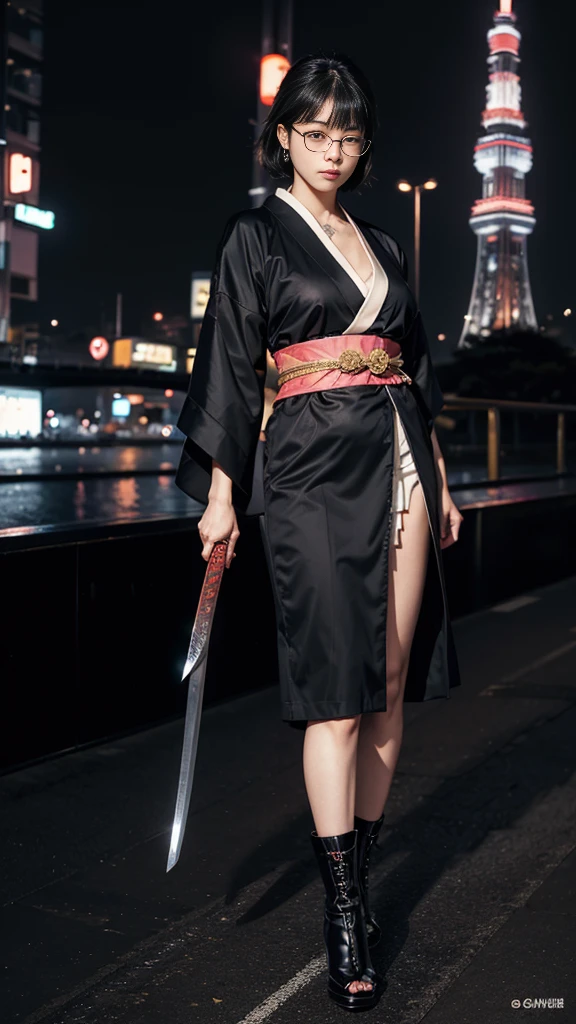 Cute Japanese woman, (16 years old), (very cute face: 1.3), red lips, white moist skin, mole, (glasses: 1.2)
BREAK,
Feminine body with high athletic ability, body of a female fitness model, feminine body with hard tones, (muscles: 1.2), (beautiful belly button),
BREAK,
Fighter, kung fu fighter, idol, (Yakuza), (gangster),
BREAK,
(wearing a cute black kimono: 1.3), (kimono that is revealing), (Stiletto heels, black heeled boots 1.3), very large earrings, short length,
BREAK,
Short hair, (Short bob hair), (Bangs: 1.2), (Black hair: 1.3), (Wavy hair),
BREAK,
(Very large Japanese sword: 1.4), (Holding the handle of a Japanese sword: 1.3), (Fighting: 1.2), (Getting into a fighting stance), (Beautiful Japanese sword blade: 1.2)
BREAK,
(Japanese tattoo: 1.4),
BREAK,
Masterpiece, Perfect lighting, Ultra high resolution, 8K, (Highly detailed: 1.4), (From the front), Looking at the camera, Melancholic expression,
BREAK,
(Tokyo Tower: 1.2), Tokyo Tower in Japan background, (Neon lights: 1.2)