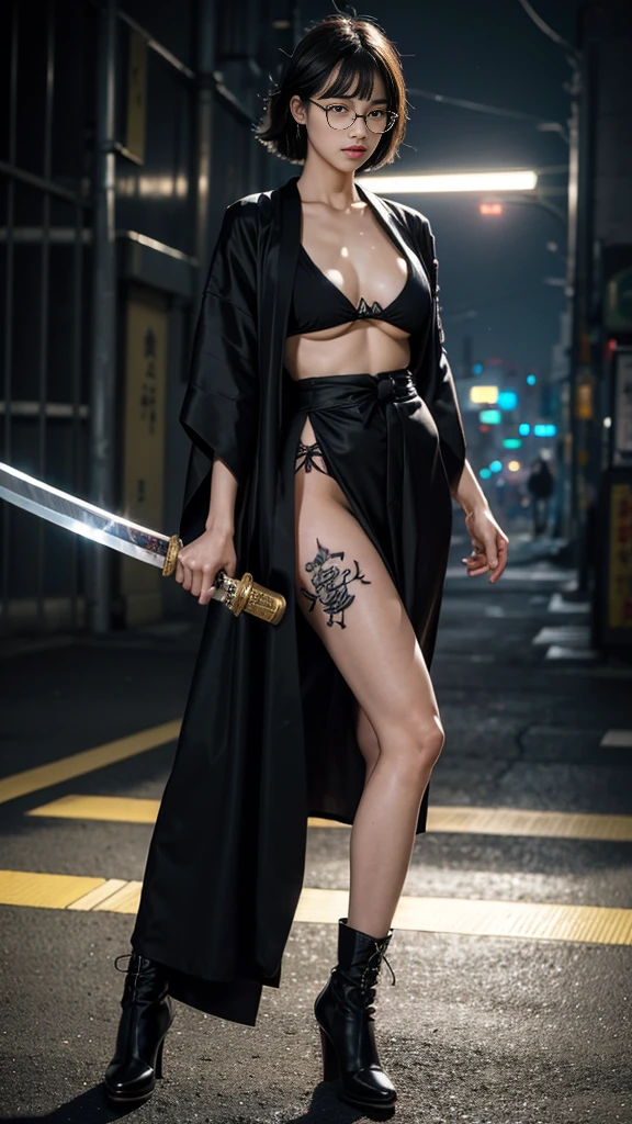 Cute Japanese woman, (), (very cute face: 1.3), red lips, white moist skin, mole, (glasses: 1.2)
BREAK,
Feminine body with high athletic ability, body of a female fitness model, feminine body with hard tones, (muscles: 1.2), (beautiful belly button),
BREFighter, kung fu fighter, idol, (Yakuza), (gangster),
BREAK,
(wearing a cute black kimono: 1.3), (kimono that is revealing), (Stiletto heels, black heeled boots 1.3), very large earrings, short length,
BREAK,
Short hair, (Short bob hair), (Bangs: 1.2), (Black hair: 1.3), (Wavy hair),
BREAK,
(Very large Japanese sword: 1.4), (Holding the handle of a Japanese sword: 1.3), (Fighting: 1.2), (Getting into a fighting stance), (Beautiful Japanese sword blade: 1.2)
BREAK,
(Japanese tattoo: 1.4),
BREAK,
Masterpiece, Perfect lighting, Ultra high resolution, 8K, (Highly detailed: 1.4), (From the front), Looking at the camera, Melancholic expression,
BREAK,
(Tokyo Tower: 1.2), Tokyo Tower in Japan background, (Neon lights: 1.2)