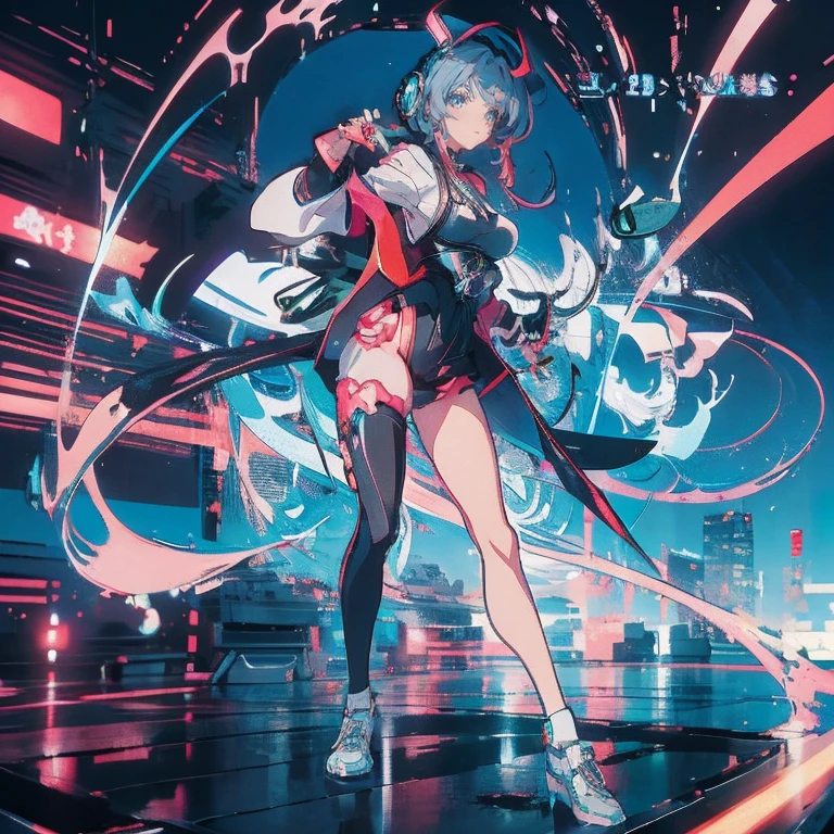 Anime Kawaii sexy Perfect Slim sensual body large breast and huge thighs, An intricate and highly detailed illustration of anime (Young girl). personagem de anime, futurista, ciberpunk, holding a microphone in the right hand Walking while singing Headphones with futurista neon lights, body preto, cabelo preto comprido, elementos da cibernet, Mulher guerreira, mais alta qualidade, Brilho do macacão, Bela expressão, aquarela, Detalhes vívidos no body,