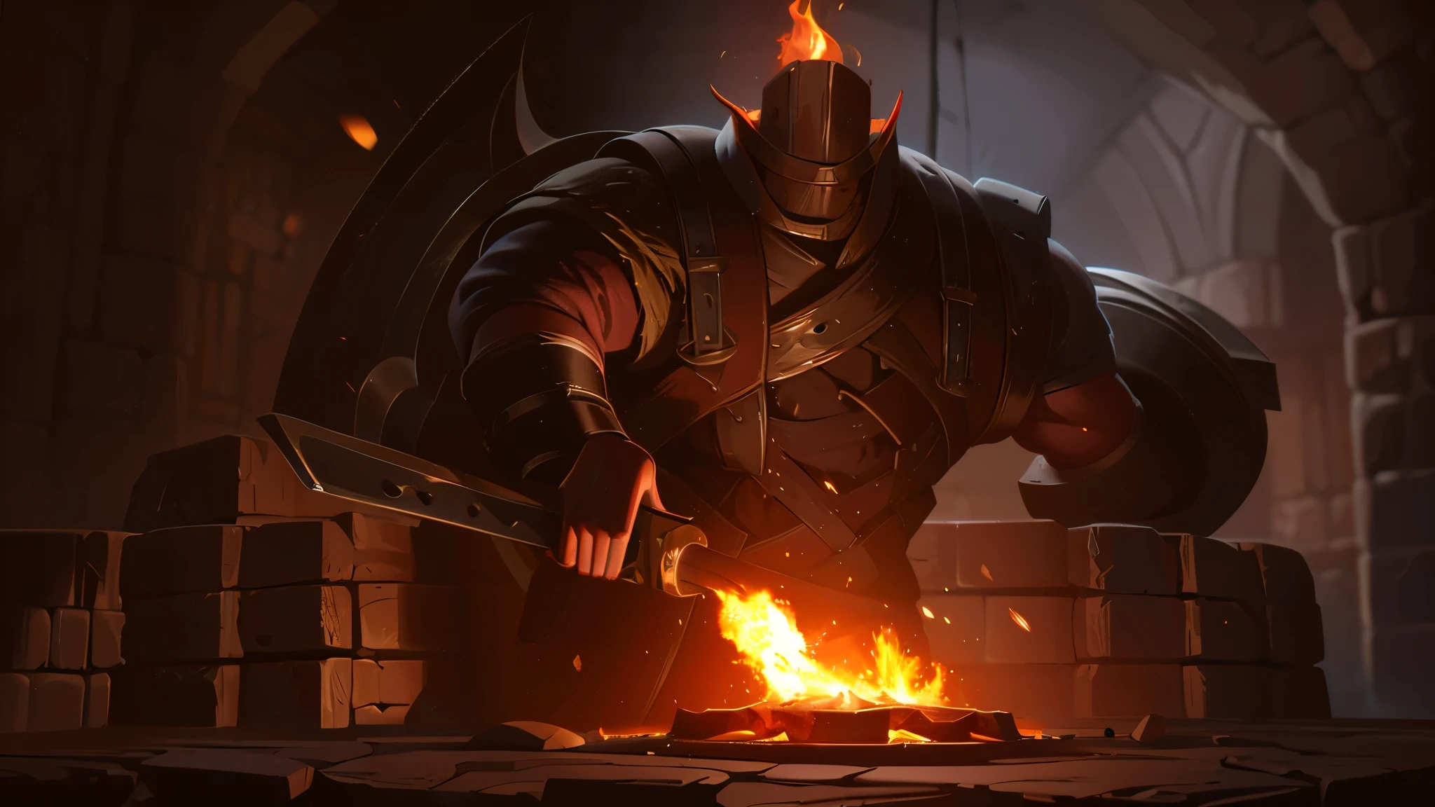 a medieval blacksmith Gordo from a world of fantasy forging magical weapons