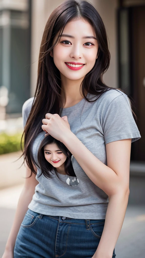 Dressed, (photo Realistic:1.4), (hyper Realistic:1.4), (Realistic:1.3),
(Smoother lighting:1.05), (Improving the lighting quality of movies:0.9), 32K,
One girl,20 year old girl, Realistic lighting, Backlight, Light on the face, Ray-tracing, (Bright light:1.2), (Improvement of quality:1.4),
(Highest Quality Real Texture Skins:1.4), Detailed drawn eyes, Detailed painted face,
(tired and sleepy and joy:0), (smile:1.4), Face close-up, T-Shirts,
(Enhance the mood of your body line:1.1), (Enhances the beauty of skin texture:1.1)