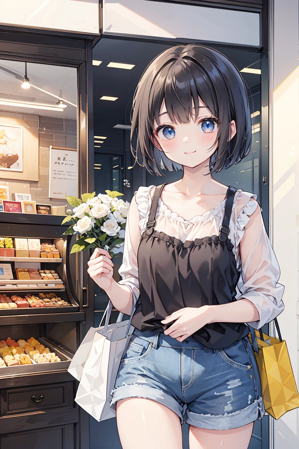Photorealistic、Highest quality、Highest Resolution、Highest quality、8K、1人のBeautiful woman、Beautiful woman、Beautiful woman、cute、Bob cut hair、Dark Hair Color、Pale blue eyes、Casual Style、黒のcuteノースリーブ、Light blue shorts、cute厚底サンダル、smile、looks fun、sunny、Department store、indoor、shopping、