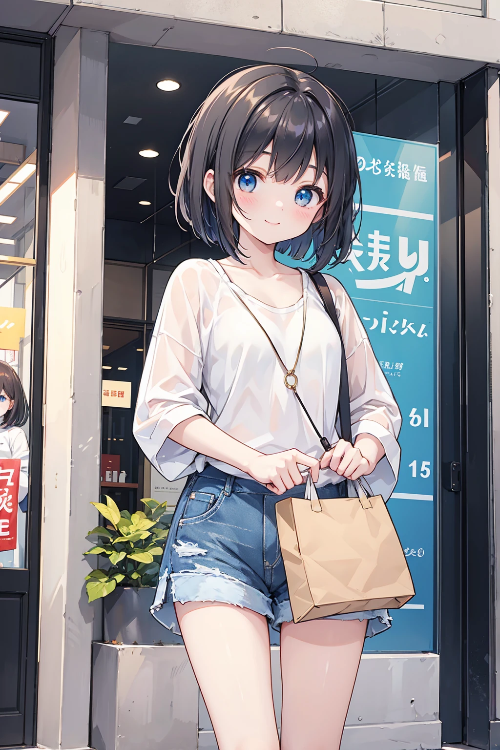 Photorealistic、Highest quality、Highest Resolution、Highest quality、８Ｋ、1人のBeautiful woman、Beautiful woman、Beautiful woman、cute、Bob cut hair、Dark Hair Color、Pale blue eyes、Casual Style、黒のcuteノースリーブ、Light blue shorts、cute厚底サンダル、smile、looks fun、sunny、Department store、indoor、shopping、