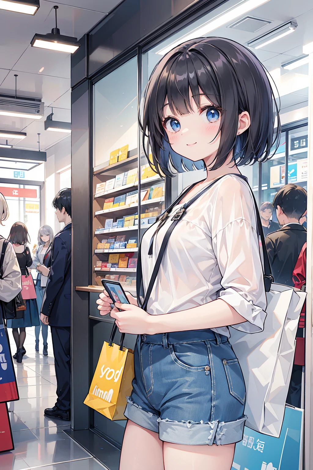 Photorealistic、Highest quality、Highest Resolution、Highest quality、8K、1人のBeautiful woman、Beautiful woman、Beautiful woman、cute、Bob cut hair、Dark Hair Color、Pale blue eyes、Casual Style、黒のcuteノースリーブ、Light blue shorts、cute厚底サンダル、smile、looks fun、sunny、Department store、indoor、shopping、