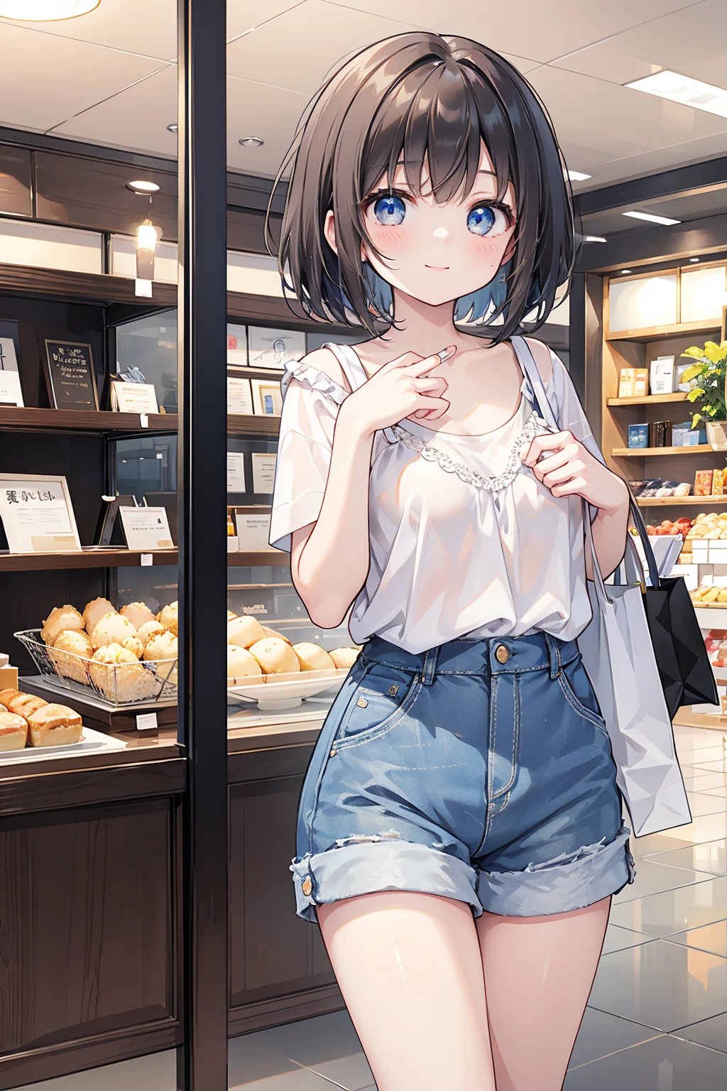 Photorealistic、Highest quality、Highest Resolution、Highest quality、８Ｋ、1人のBeautiful woman、Beautiful woman、Beautiful woman、cute、Bob cut hair、Dark Hair Color、Pale blue eyes、Casual Style、黒のcuteノースリーブ、Light blue shorts、cute厚底サンダル、smile、looks fun、sunny、Department store、indoor、shopping、