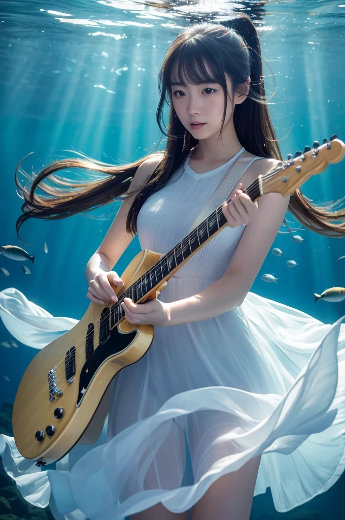 A beautiful Japanese girl is depicted in a vertical, ultra-realistic illustration, playing an electric guitar underwater. She wears a thin, translucent dress that flows gracefully in the water, emphasizing her delicate and ethereal presence. Her hair, styled in twin tails, floats freely around her, adding a dynamic sense of movement.

The background features an underwater scene with shimmering light filtering through the surface, illuminating schools of fish swimming around her. The artist employs digital painting techniques to create high detail, especially in the textures of the dress, guitar, and underwater environment. The lighting and reflections are meticulously rendered, capturing the surreal and magical ambiance of the scene. The use of vibrant blues and subtle highlights enhances the overall sense of depth and realism.
