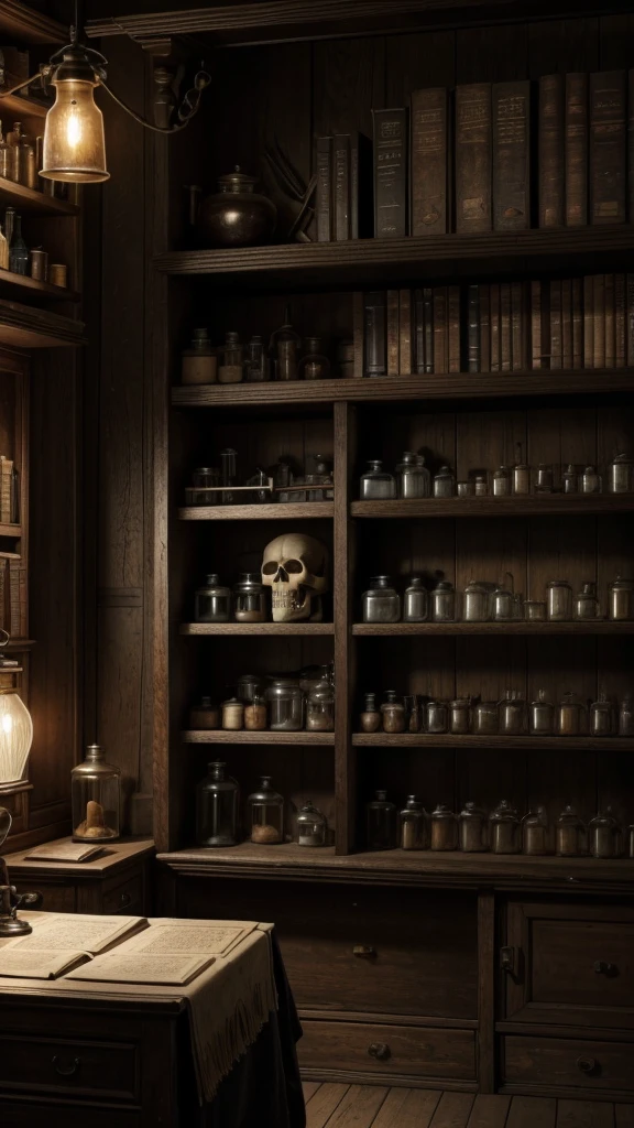 A realistic 3D rendering in 4K of an ancient medical practitioner's room. The scene includes a wooden table with old surgical instruments, open medical books, and a skull. The room is lit by a single, dim oil lamp, casting long shadows and creating a mysterious and eerie ambiance. The background includes shelves lined with ancient medical texts and jars filled with herbs. The title "Resumo de Antropologia" is clearly visible at the top in a stylish, old-world font.