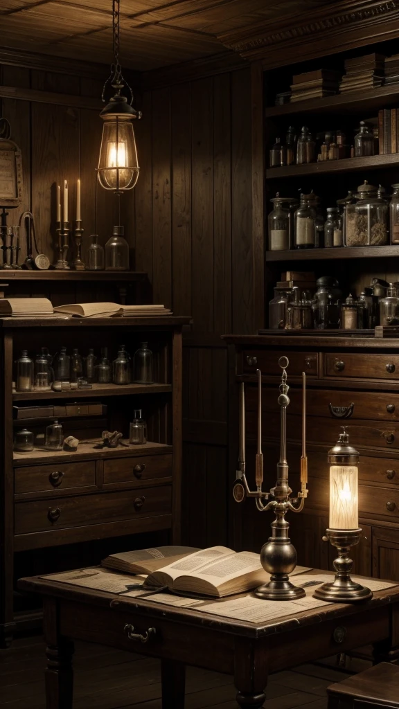 A realistic 3D rendering in 4K of an ancient medical practitioner's room. The scene includes a wooden table with old surgical instruments, open medical books, and a skull. The room is lit by a single, dim oil lamp, casting long shadows and creating a mysterious and eerie ambiance. The background includes shelves lined with ancient medical texts and jars filled with herbs. The title "Resumo de Antropologia" is clearly visible at the top in a stylish, old-world font.