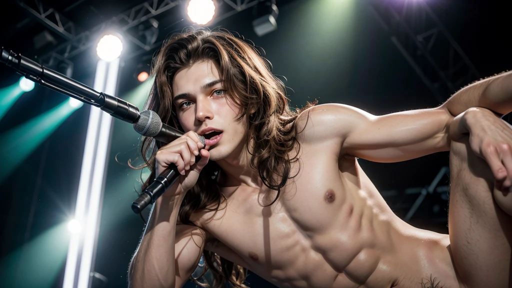 an 18 year old man. with an athletic and well-defined body, 1.82 m tall, wavy brown hair, green eyes, naked with a prominent penis. Lying on stage holding a microphone in his hand