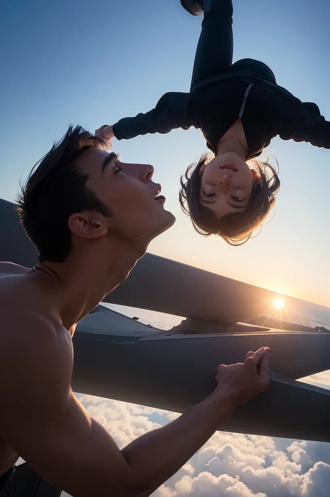 Create two shadows of a man and a woman falling from the sky and an angel above them looking up 