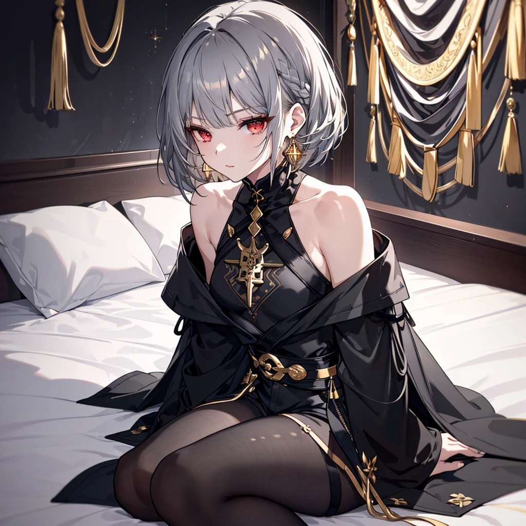 8k,High resolution RAW color art,Anime Art,Silver Marble Skin, (((Very detailed and cool))), Detailed skin, Bokeh、texture,(Exquisitely crafted, The finer details, Ultra-detailed art), (((1 girl))), Depth of written boundary, Silky Touch, Hyper Detail, (((Cool face))), eye shadow, Beautiful detailed red eyes, Beautiful lip detail, Highly detailed face, Delicate depiction of hair and eyes, Detailed Fashion, Golden Earrings,Full body depiction, Black half top、(((Shoulder Bare)))、Black shorts、Waist Cloak、black tights、Golden decoration, Grey Hair, Golden bracelet, Straight Hair、Short Hair、(((Hair)))、Simple Background、(((Black theme)))、snow、Side view、Girl sitting、look down、cloth、Clear face、bed