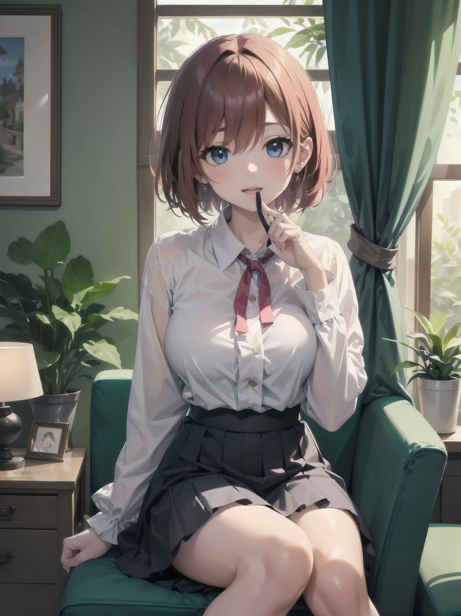 Scene Description: - Composition: Portrait. Focus on the face. Shot from the front. - Subject: Cute girl. (Chibi:1.1). Real person. - Features: - Face: (Cute round face:1.2). - Eyes: Detailed dark blue eyes. - Hair: One-leg bob-cut hair down the front with a large ribbon hairpiece, (golden hair), (red inner hair), auburn hair, hair between the eyes. - Body: Detailed slender body. Large breasts. - Clothing: Pink ruffled blouse, flares, blue ribbon tie, long ruffled sleeves, layered skirt. - Expression: happy expression. Mouth open. - Pose: head tilted back. She is looking at the viewer. - Background: living room of a trendy café. - Elements: Houseplants. Cute pastel sofa. Cute pastel curtains. Cute pastel-colored wallpaper. Time: Daytime. Lighting: (Natural light: 1.4). Art Style: Watercolor. Traditional media. Quality: Intricate details. Highly detailed. Outstanding complexity. (Masterpiece: 1.2). (Highest quality: 1.2). (Absurd absolute resolution: 1.4). Mood: Calm,