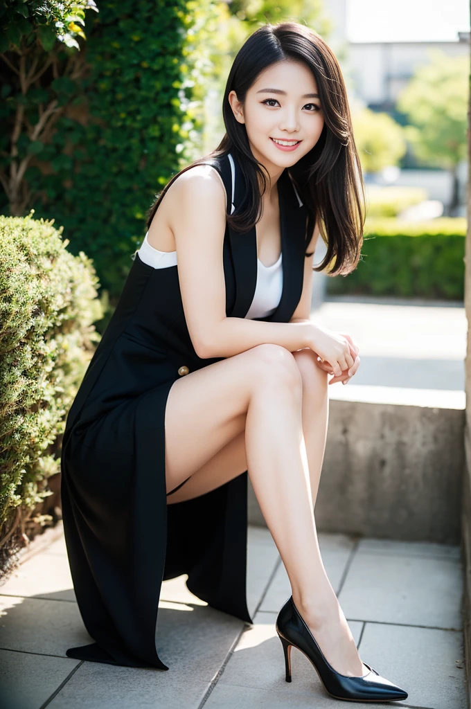 (Only one person), Pure Japanese young girl, outstanding body, beautiful legs, wearing formal suits, high heels, vivid makeup and lips, thick eyebrows, formal black hair styles, sweet smile, secret temptation, professional portrait photography, sitting, soft sunlight,