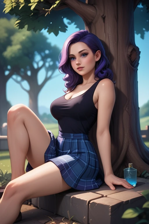 Abigail; Stardew Valley; blue eyes; long purple hair; purple pubic hair; large breasts; beautiful; girl-next-door look; soft features; best quality; trending on artstation; dark room with complex volumetric lighting; strong shadows; artistic lighting; dynamic; energetic vibe; realistic skin; specular highlights; micro-textures; highly detailed hair; romantic; love; sitting under a tree in a graveyard with a sword next to her; wearing an open blue shirt, black singlet, and blue-plaid skirt.