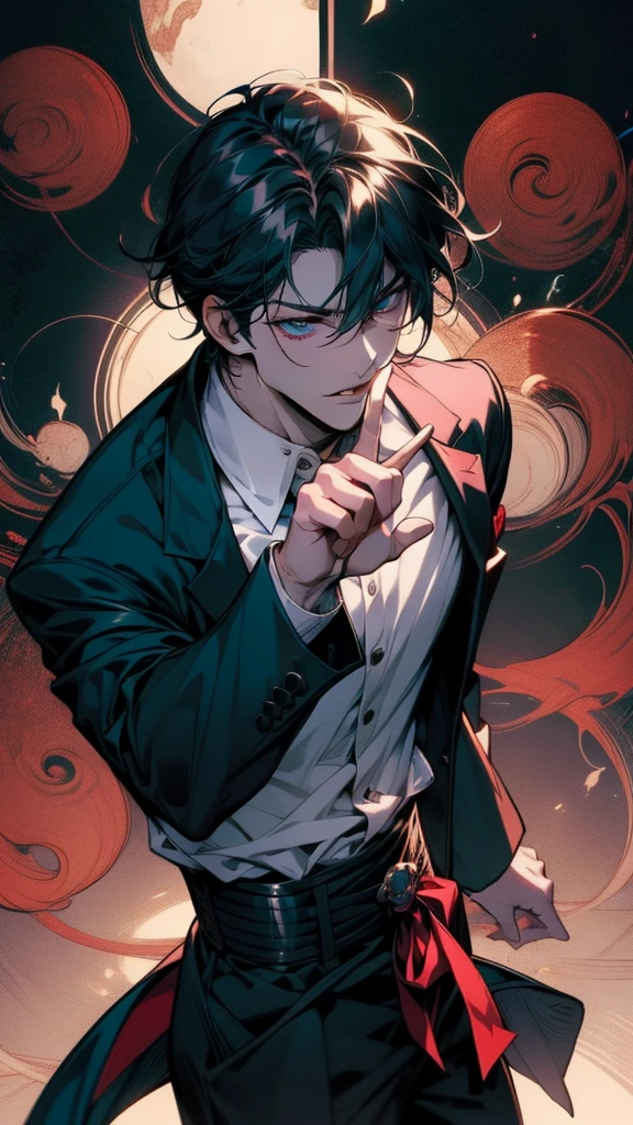 A man wearing a black jacket and white shirt is raising his hand, Anime Shōnen, Male Anime Style, Inspired by Kun Kang, ken kaneki, kaneki ken, Gap Moe Yandere, With index finger, Anime Moe Art Style, inspired by Okumura Togyu, Handsome anime pose, [[[[smile wickedly]]]]