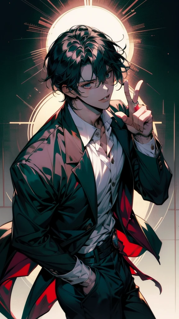 A man wearing a black jacket and white shirt is raising his hand, Anime Shōnen, Male Anime Style, Inspired by Kun Kang, ken kaneki, kaneki ken, Gap Moe Yandere, With index finger, Anime Moe Art Style, inspired by Okumura Togyu, Handsome anime pose, [[[[smile wickedly]]]]