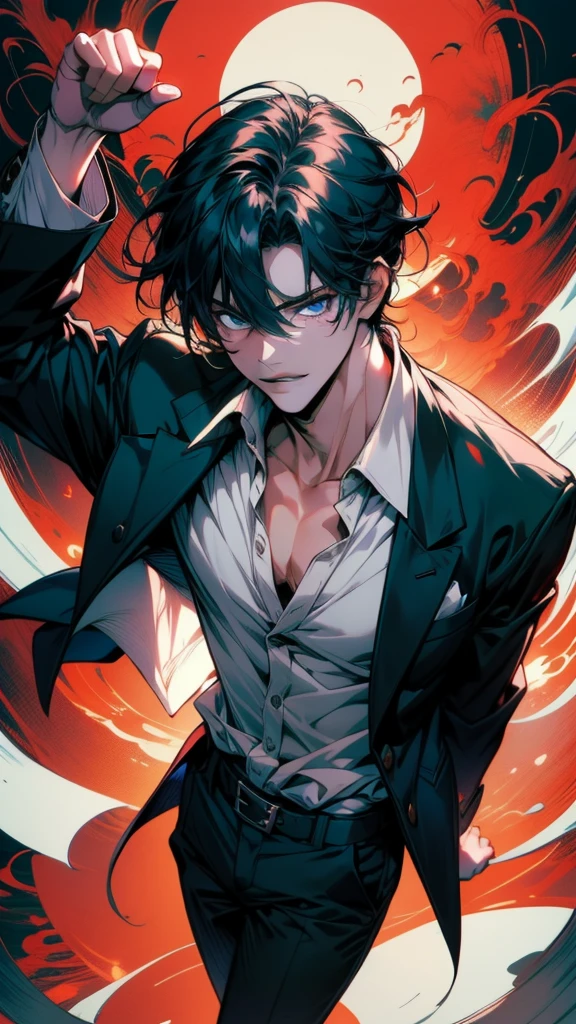 A man wearing a black jacket and white shirt is raising his hand, Anime Shōnen, Male Anime Style, Inspired by Kun Kang, ken kaneki, kaneki ken, Gap Moe Yandere, With index finger, Anime Moe Art Style, inspired by Okumura Togyu, Handsome anime pose, [[[[smile wickedly]]]]