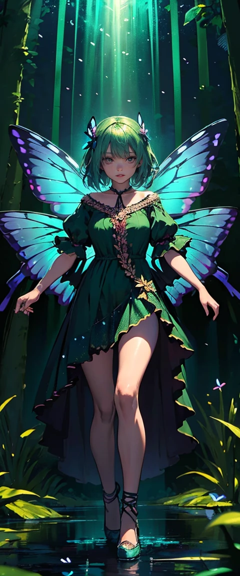 ((masterpiece, highest quality, Highest image quality, High resolution, photorealistic, Raw photo, 8K)), ((Extremely detailed CG unified 8k wallpaper)), character desing, fullbody, anime, short clothes, powerfull girl, chica magica, magic girl, A lone blue butterfly fluttering in the starry sky, Huge butterfly wings, (green glowing wings), green wings shining in the dark night, summer dress fluttering,