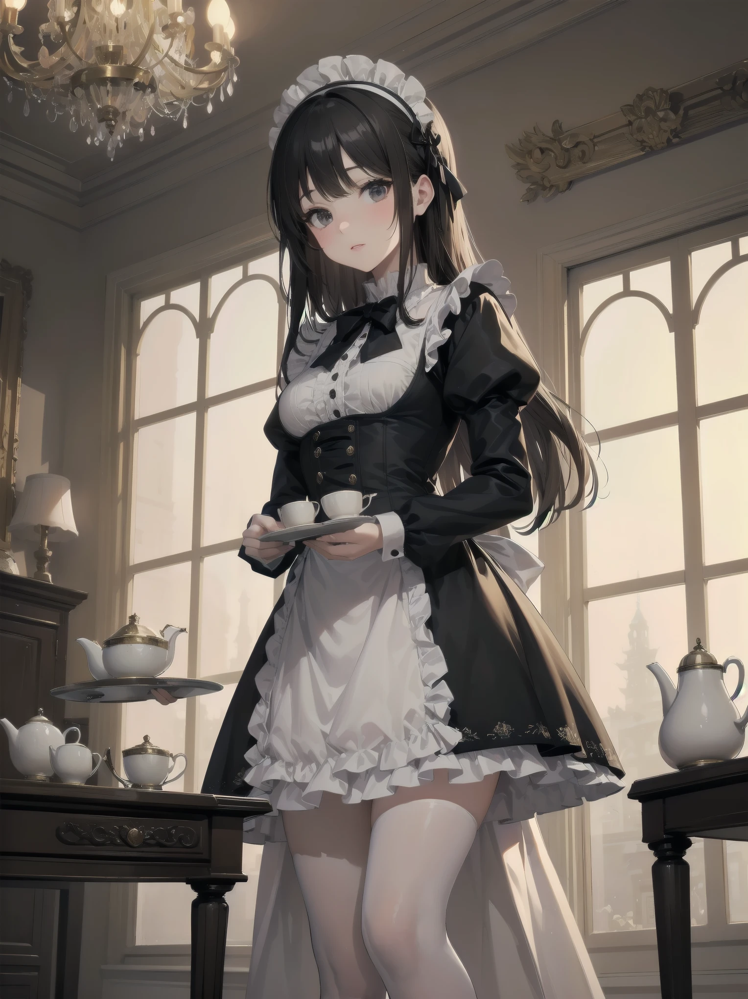 Illustration of a beautiful girl in a cute pose,(Masterpiece: 1.2), (Best quality: 1.2), A cute girl with long black hair, dressed in a classic black and white maid outfit with frilly lace and a matching headband, is standing in a beautifully decorated Victorian-style parlor. She is holding a silver tray with a teapot and teacup, her expression a mix of professionalism and warmth. The background includes ornate furniture, a chandelier, and large windows with heavy drapes, all bathed in soft afternoon light. This illustration emphasizes the elegant and welcoming atmosphere of a high-class tea service