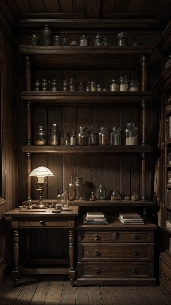 A realistic 3D rendering in 4K of an ancient medical practitioner's room. The scene includes a wooden table with old surgical instruments, open medical books, and a skull. The room is lit by a single, dim oil lamp, casting long shadows and creating a mysterious and eerie ambiance. The background includes shelves lined with ancient medical texts and jars filled with herbs. The title "Resumo de Antropologia" is clearly visible at the top in a stylish, old-world font.