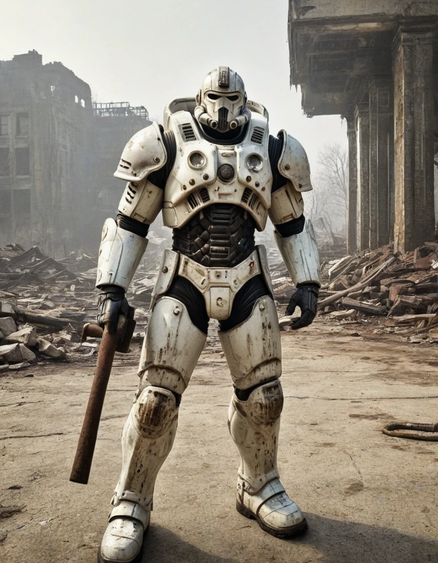 analog style, hdr, white power armor,  battle damage, chipped, rust stains. holding madmax style sledgehammer. looking at viewer, walking, outside, ruins, washington dc, sunny,  foggy, dull colors, sci-fi, 
extremely detailed, wonderous ambiance, absurdres, elden ring style,