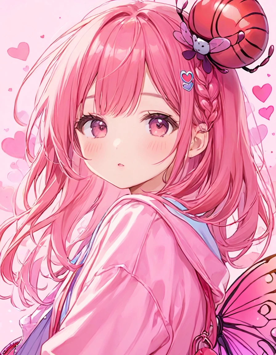 Momoko Sakura pink and Red style, Simple Line Initialism，Abstract art，Kawaii Design, The most beautiful girl of all time、chibi, (((Cute pillbugs))), colorful hearts