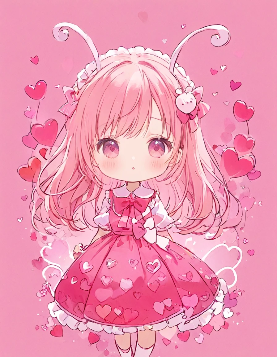 Momoko Sakura pink and Red style, Simple Line Initialism，Abstract art，Kawaii Design, The most beautiful girl of all time、chibi, (((Cute pillbugs))), colorful hearts